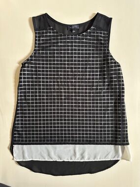 The Limited Black Grid Print Sleeveless Shell with White Hem